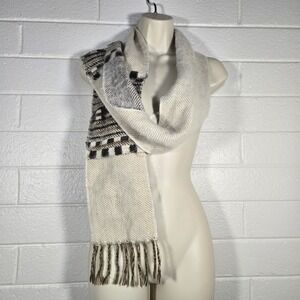 100% Wool Fringe Scarf Check Geometric Striped Woven Winter Warm Cabin Peru 6x72